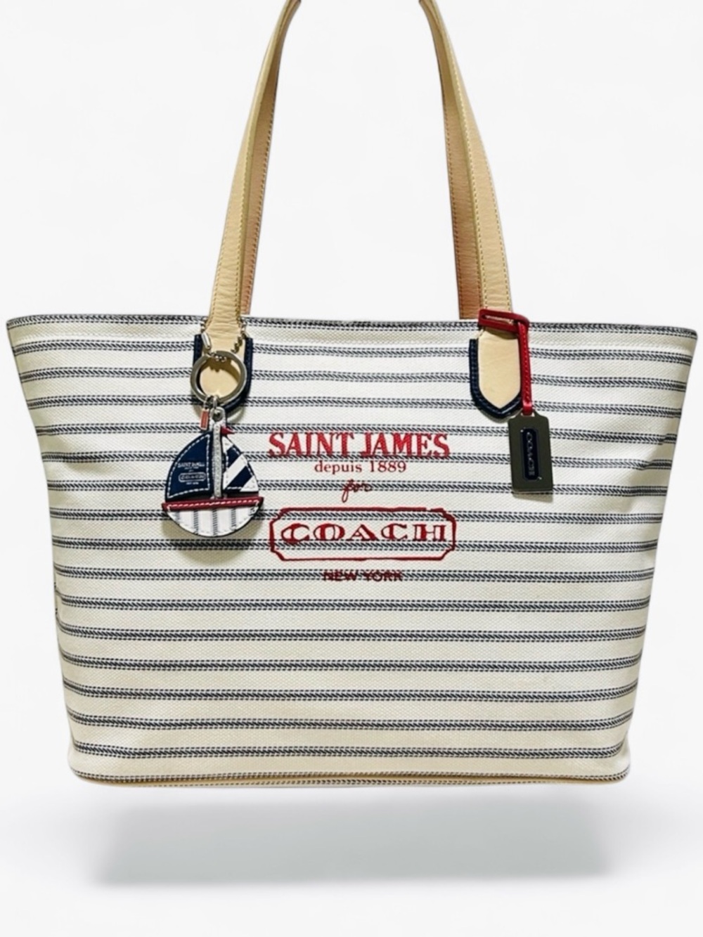 COACH X Saint James Legacy Weekend Tote in Ticking Stripe Canvas w/Leather Trim